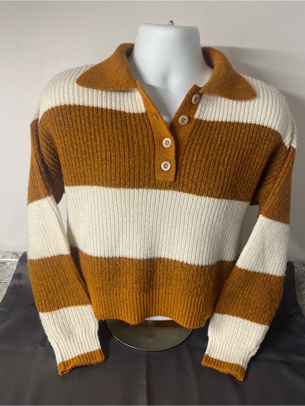 SO Striped V-Neck Polo Sweater in Mustard and Cream